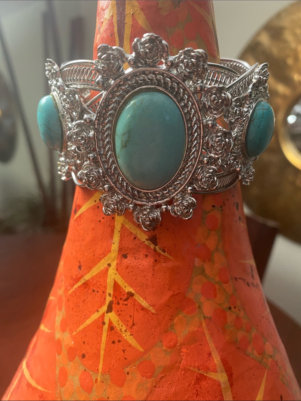 Vibrant turquoise cabochon stone cuff bracelet.
